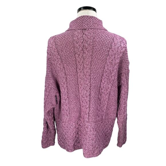 Aran Sweater Market Cardigan Womens XL Purple Pink Merino Wool Cable Knit Irish - Picture 2 of 11